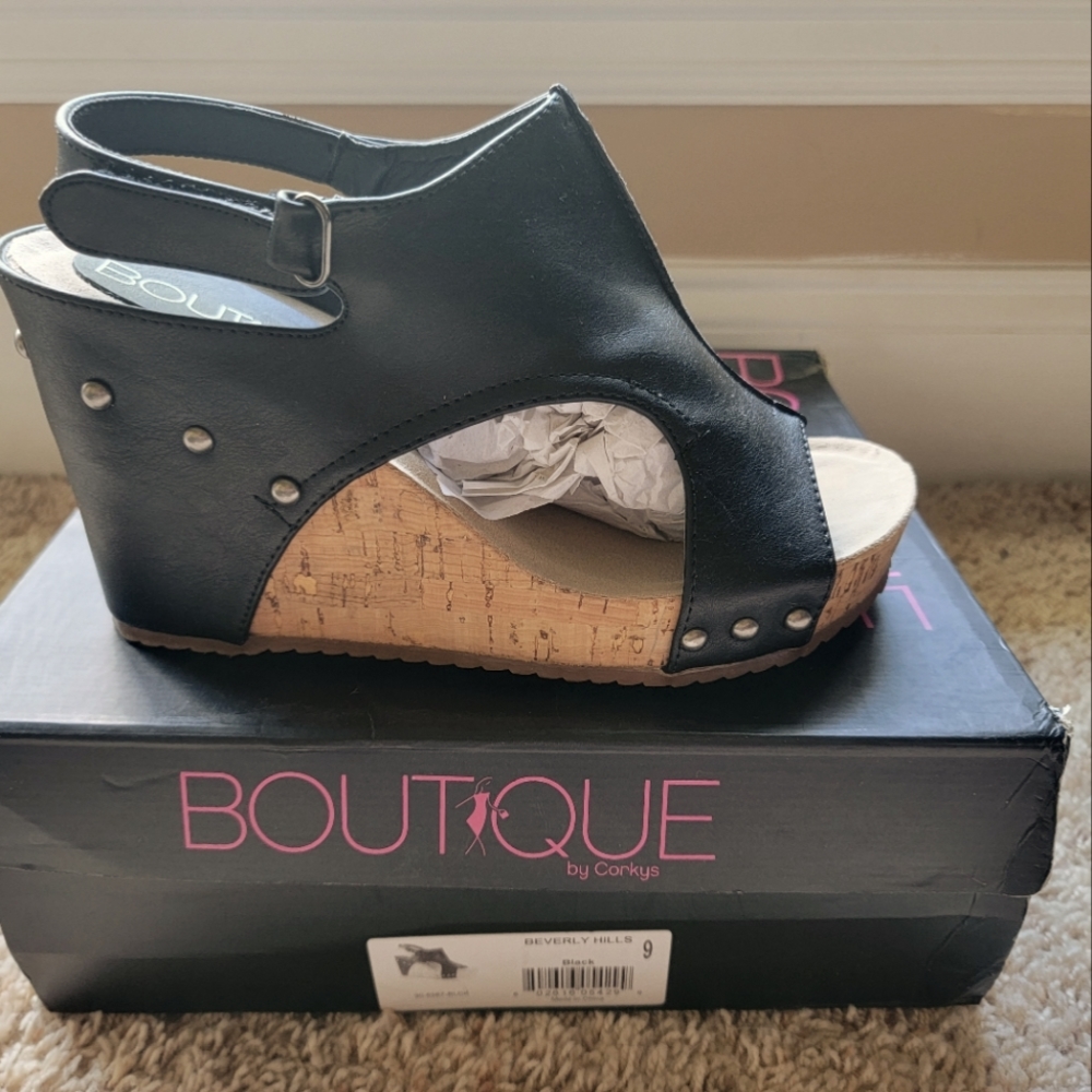Corkys Boutique Black Studded Wedge 9